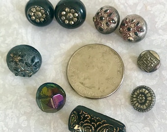 Lot of 9 Vintage Black glass Buttons