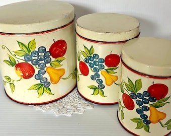 Vintage Canisters (Set of 3) Tins Depicting Fruit - Nesting Canisters - Apple, Pear, Grapes