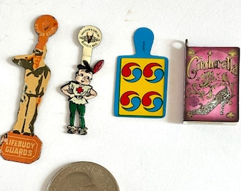 Vintage Cracker Jack Toy Pins: Cinderella Book, Cutting Board, Lifebuoy Guards