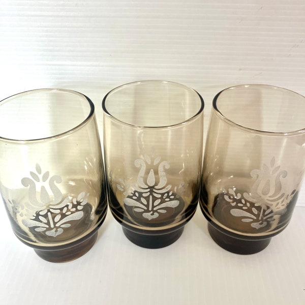 Vintage (Set of 3) Smokey Brown Stenciled/Etched Glasses/Tumblers  PFALTZGRAFF "  - Kitchenware