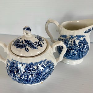 Vintage  MYOTT ROYAL MAIL Blue & White Creamer and Sugar Bowl Set- Staffordshire - Cobalt Blue transfer design /English Country
