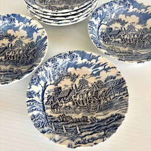 Vintage  (Set x 4) MYOTT ROYAL MAIL Blue & White Small Bowls- Staffordshire - Cobalt Blue transfer design Diameter 5 3/8in x 1.25in Tall
