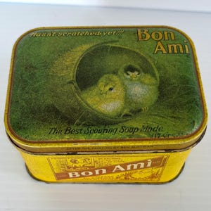 Vintage &quot;Bon Ami&quot; Tin /Iconic Chick & Slogan/Scouring Powder Tin 4in x 3in x 2.5in Tall