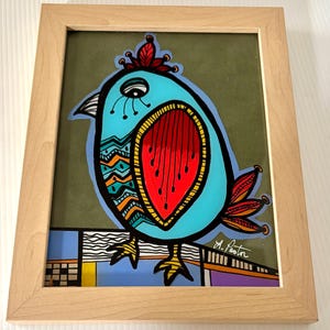 Reverse Glass Painting &quot;QUIRKY BIRD&quot;- Hand Painted 6in x 8in - Signed Art by Lori Pastor
