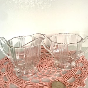Vintage Art Deco Clear Glass Creamer And Sugar Bowl