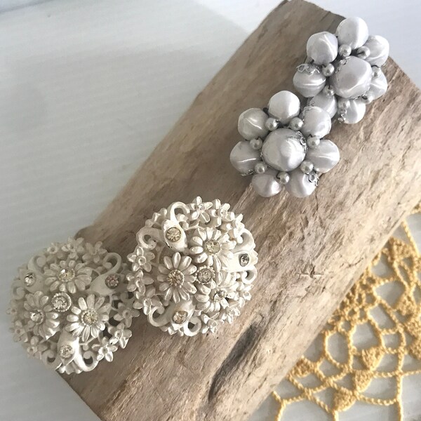 One Pair Of White Vintage Clip On Earrings- White Floral/Rhinestones, Fabric White Beads/Faux Small Pearls