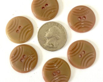 A Lot Of 6 Retro Vintage Plastic Light Brown Color Buttons - Carved  - 2 Holes - Diameter Measures 7/8in.