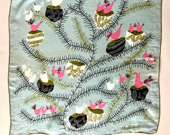 Vintage "Pat  Prichard" Handkerchief - Crazy Pink & White Birds in Nests/Tree/Blue Background- Measures 14in. x 14in.