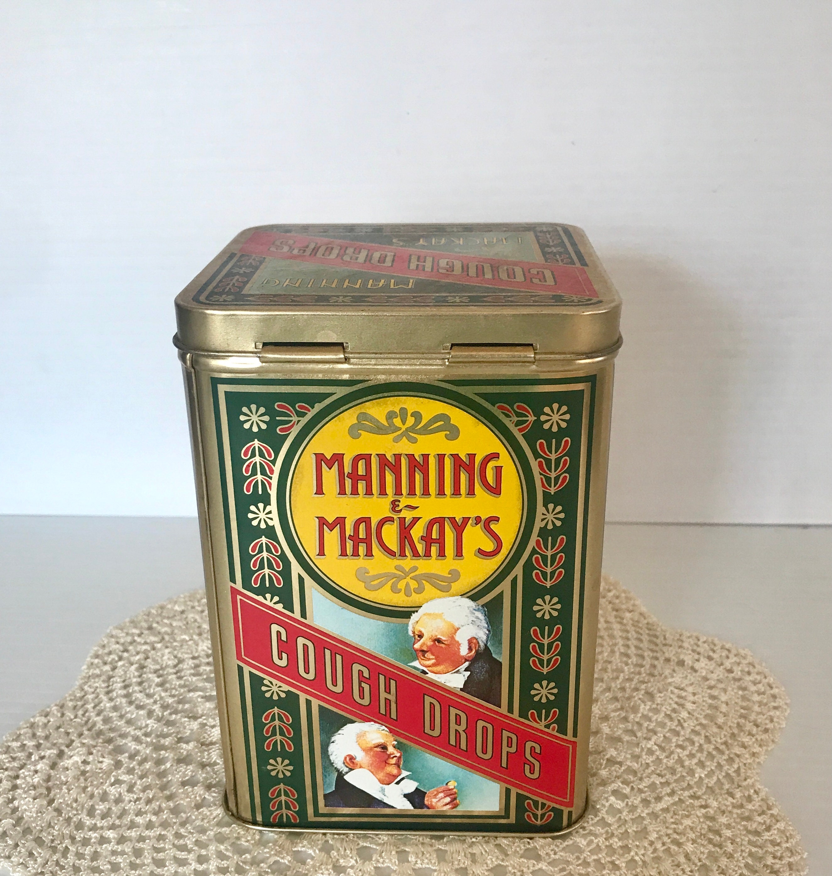 Vintage Manning and Mackay's Cough Drops Tin - Hinged Lid - Made