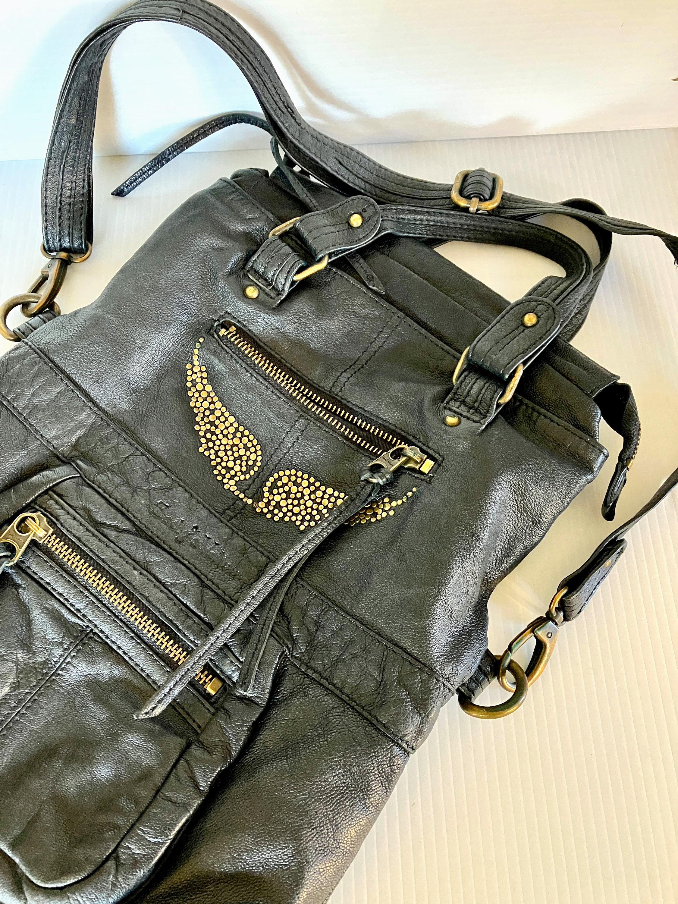 Black Leather Zadig & Voltaire Purse Brass Studded Wings Handbag, Shoulder,  Bag, Crossbody Removable Strap - Etsy