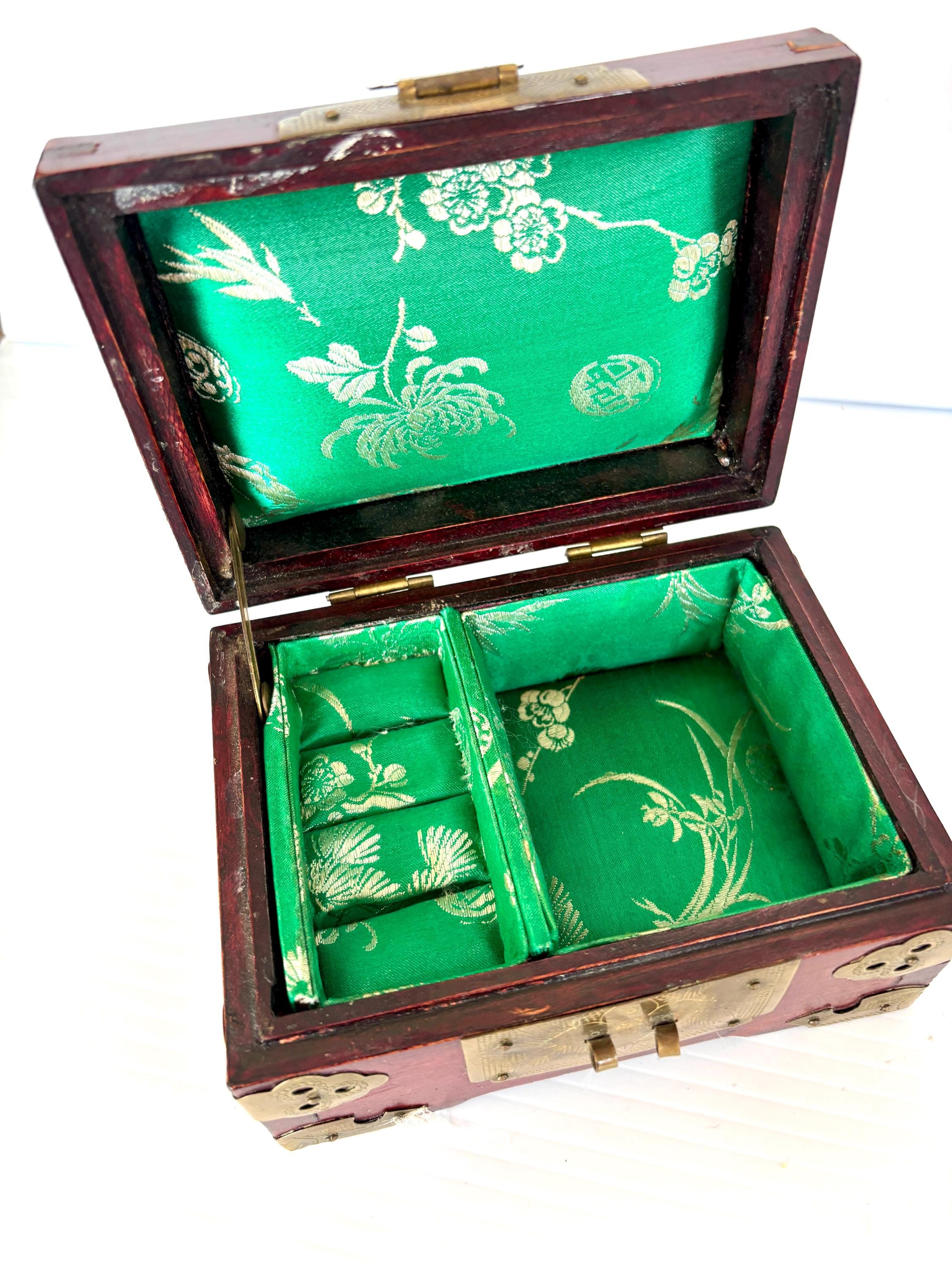 Vintage Chinese Carved Jade Stone & Rosewood Brass Pink Silk Lined ...