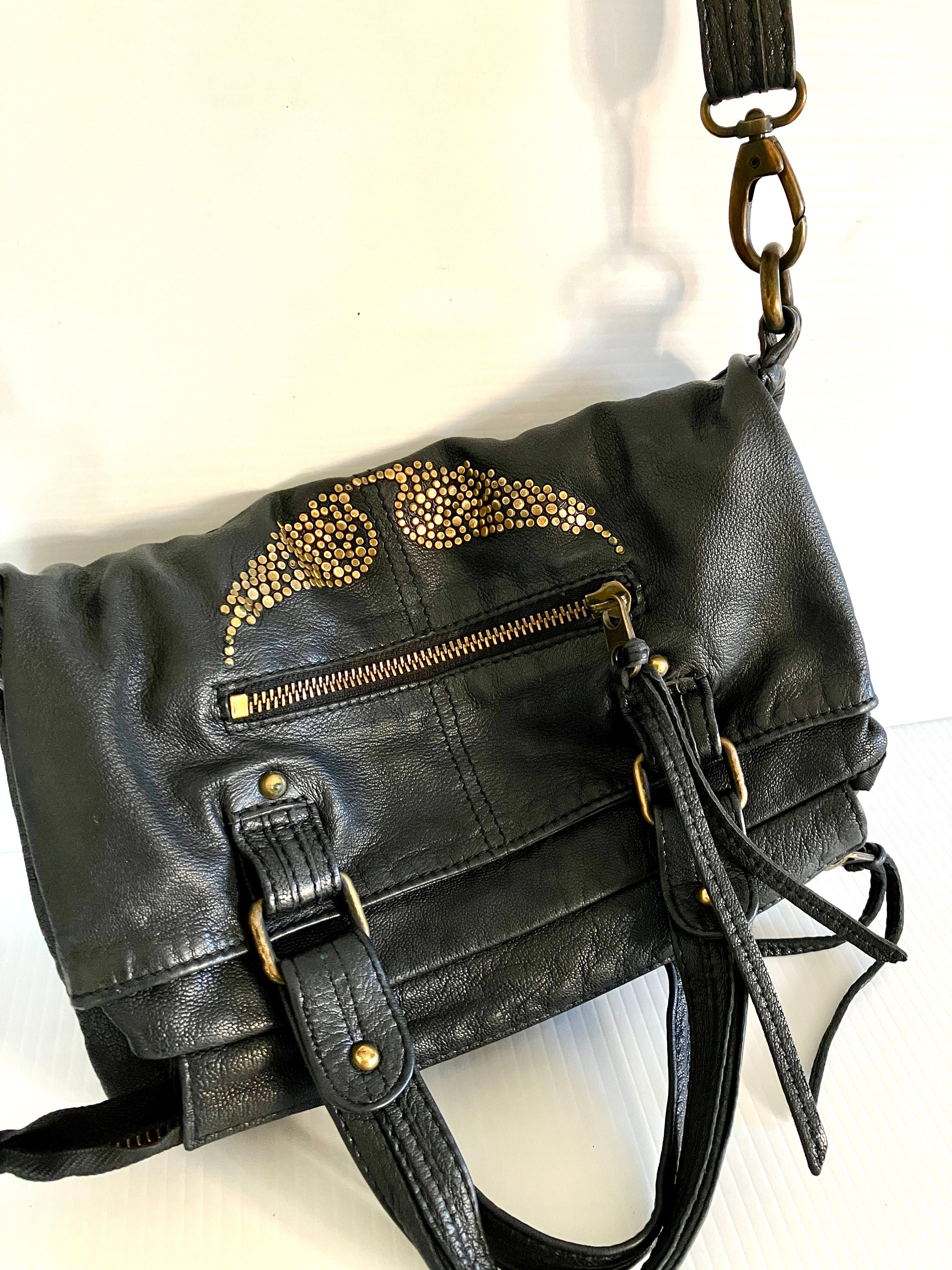 Black Leather Zadig & Voltaire Purse Brass Studded Wings 