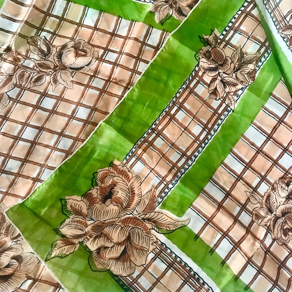 Vintage Silk Scarf With Roses and Green Border - Measures 34in x 31in - Estate Sale Find