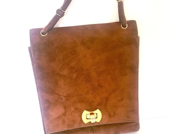 Vintage Purse Mam'Selle - Original New York -Suede, Caramel Color, Brass Turn Latch