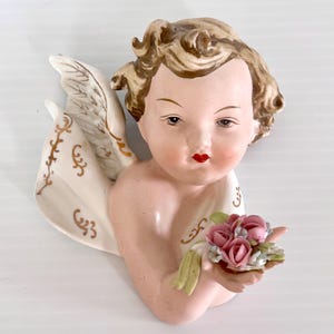 Vintage Lefton Angel Cherub Plaque: Porcelain Religious Decor (Chip on Leaf, KW6417, 5x4in