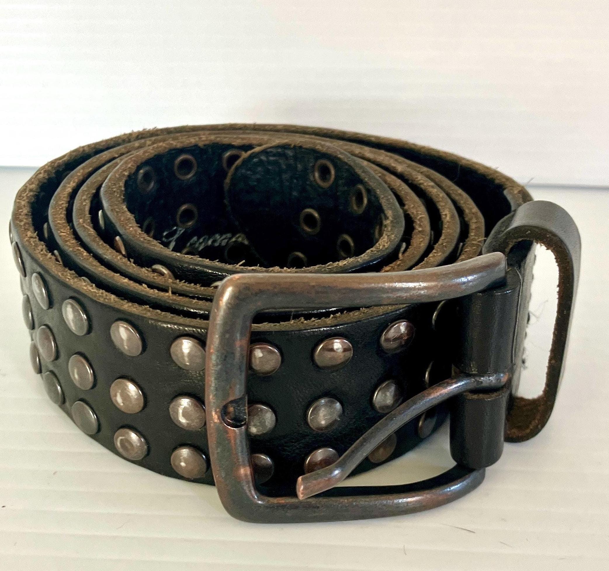 Handcrafted Genuine Leather Studded Belt - Black- studded gunmetal- vintage- XL Black Leather Studded Belt: Hand Tooled Vintage Style Modern  main image 3