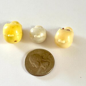 May include: Three small, rounded, smooth plastic buttons with central shanks. One is bright yellow, one is off-white, and one is pale cream with two small embedded red accents. A United States quarter coin is placed below for scale reference.