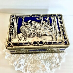 Vintage Blue/Silver Riley's Toffee Tin Hinged Lid Medieval/Renaissance Hunting Scene in Blue and Silver Embossed image 2