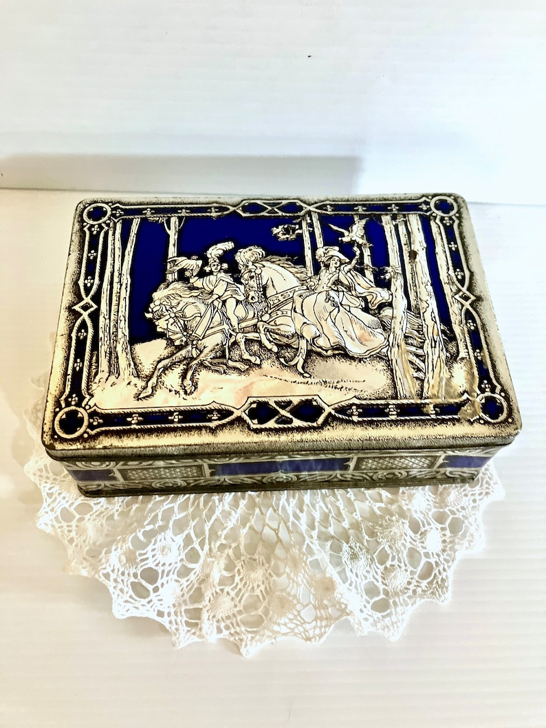 Vintage Blue/Silver Riley's Toffee Tin Hinged Lid Medieval/Renaissance Hunting Scene in Blue and Silver Embossed image 2