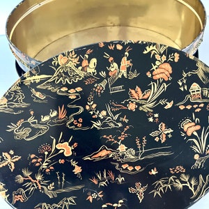 Vintage Retro Chinoiserie Oval Large Sewing Tin Asian Motif Double Handles Orange/Gold/Black Background Measures 11in Wide image 8