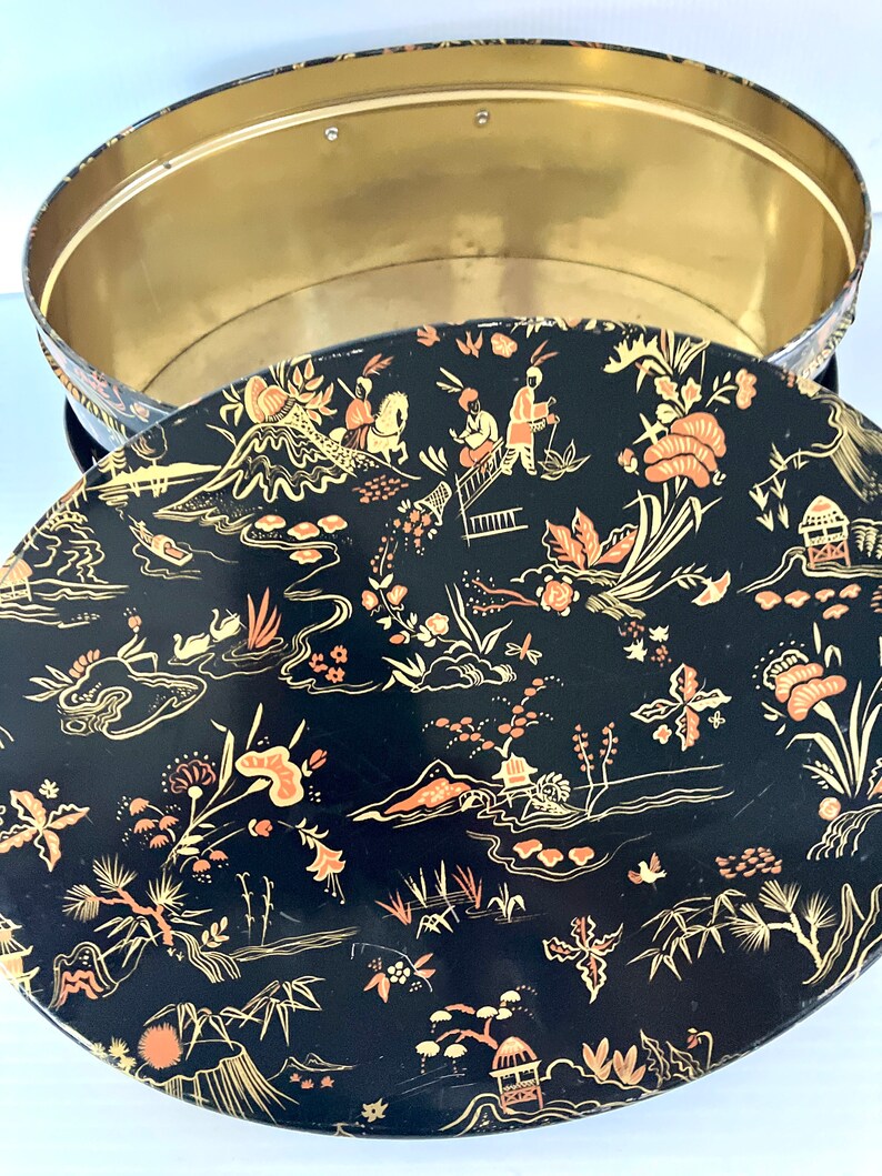 Vintage Retro Chinoiserie Oval Large Sewing Tin Asian Motif Double Handles Orange/Gold/Black Background Measures 11in Wide image 8