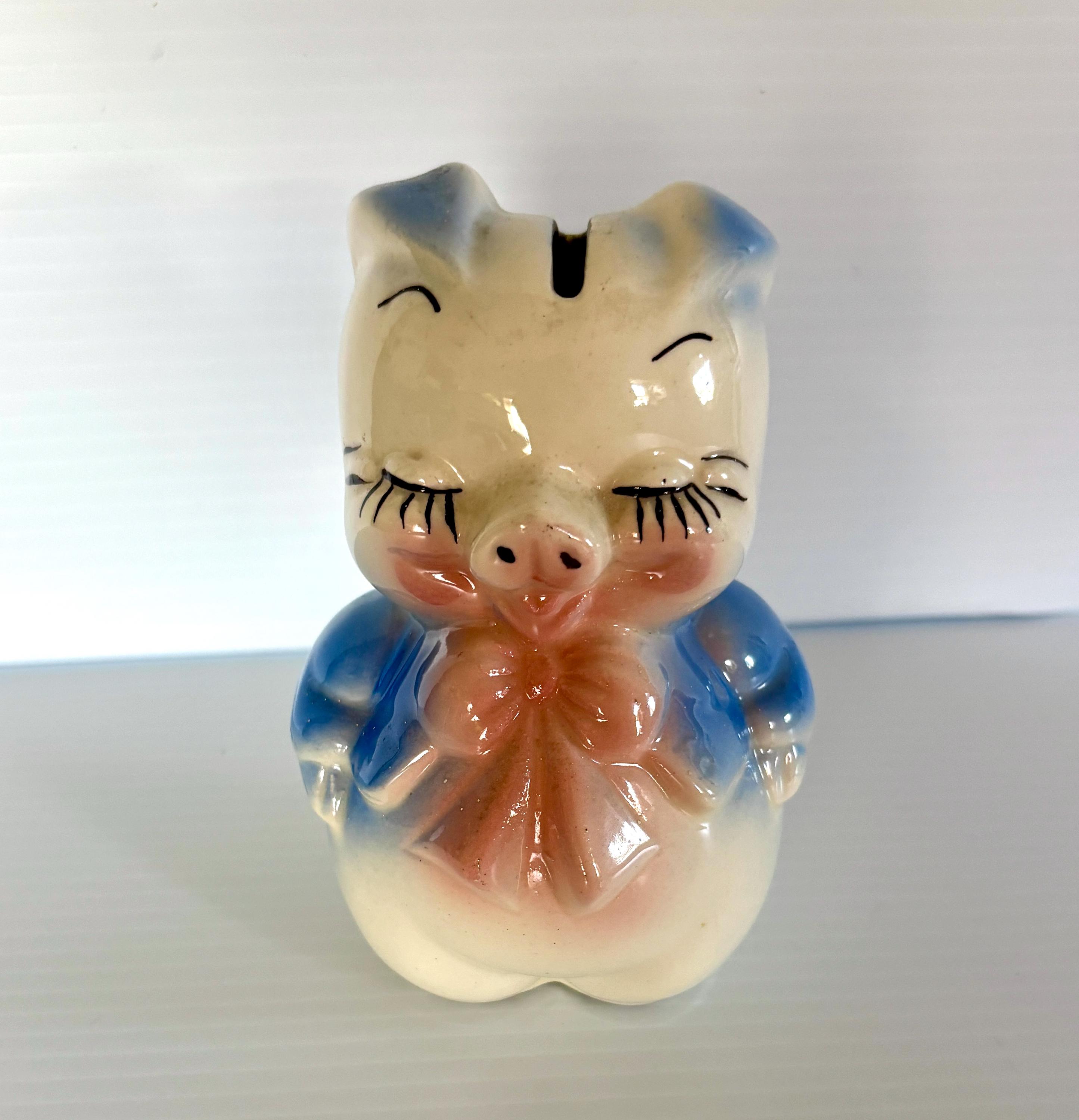 Vintage Ceramic Piggy Bank With Pink Bow/eyes Closed - Collectable - Etsy