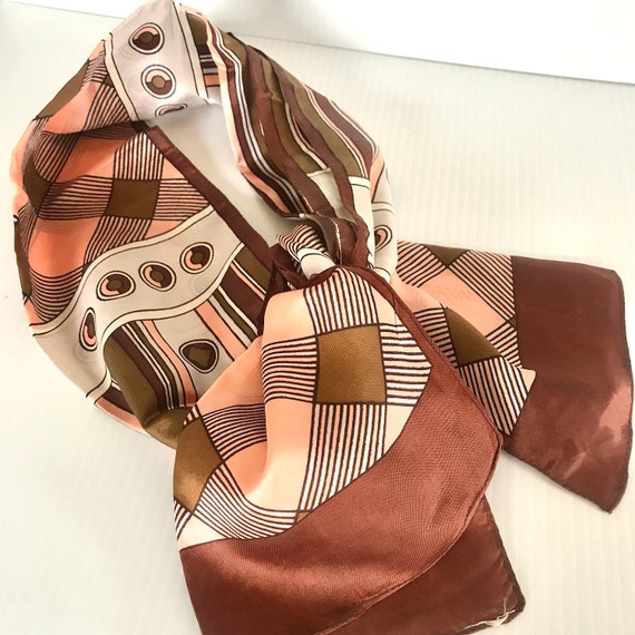 Vintage 1950's Polyester Retro Scarf - Brown, Cre… - image 2