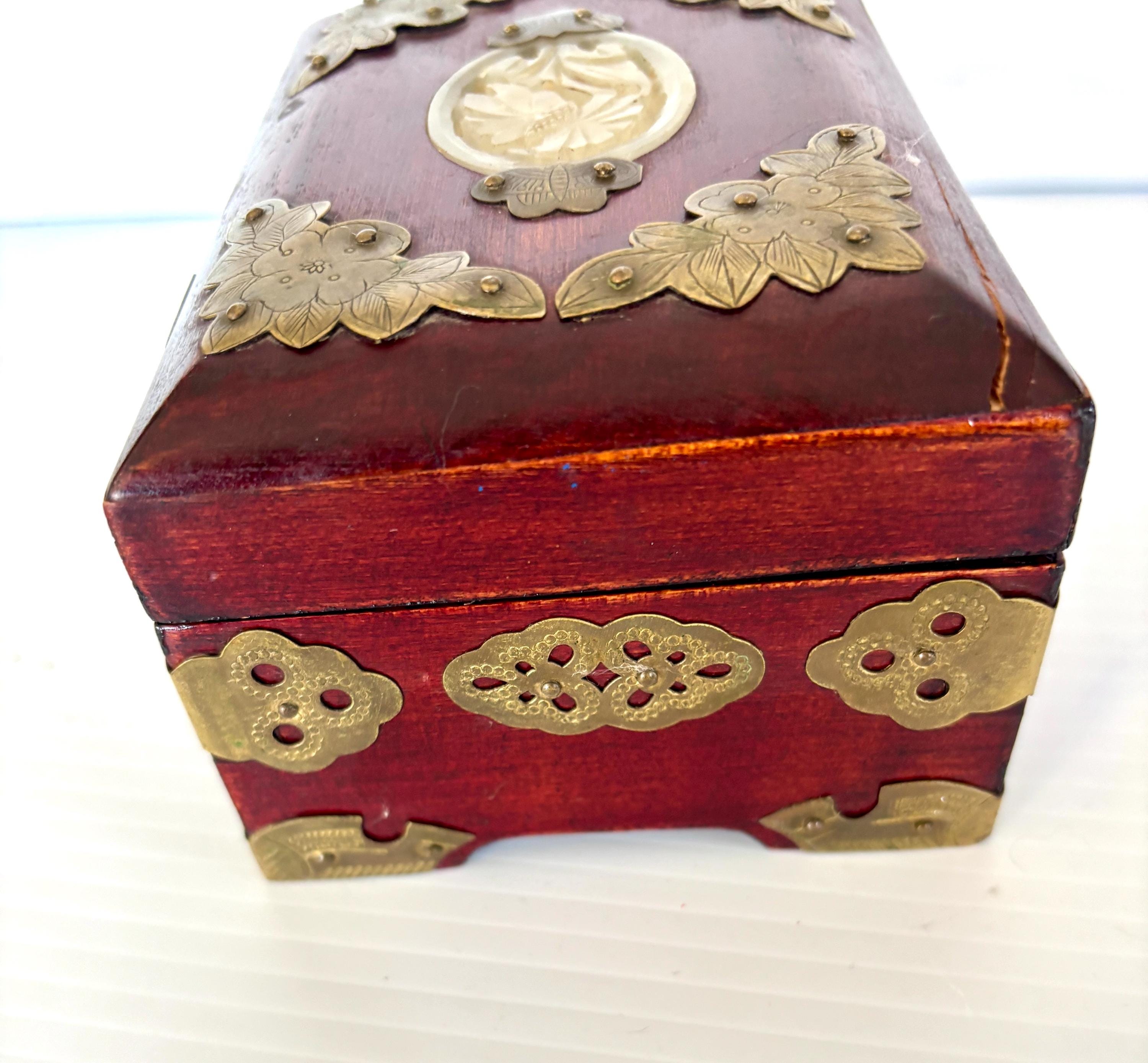 Vintage Chinese Carved Jade Stone & Rosewood Brass Pink Silk Lined ...