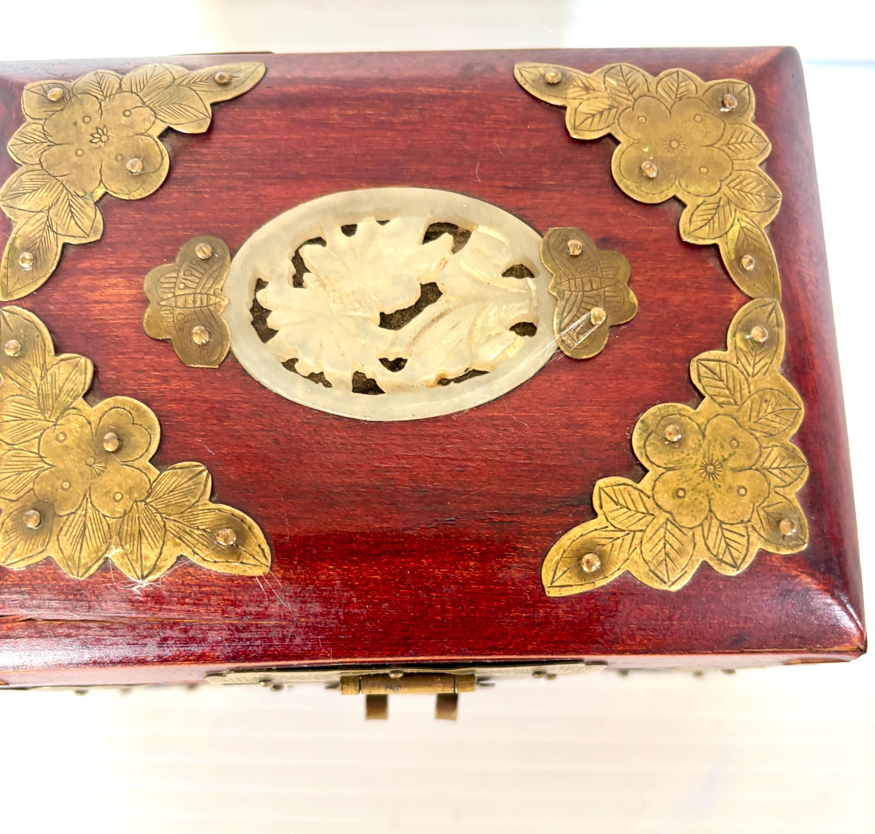 Vintage Chinese Carved Jade Stone & Rosewood Brass Pink Silk Lined ...