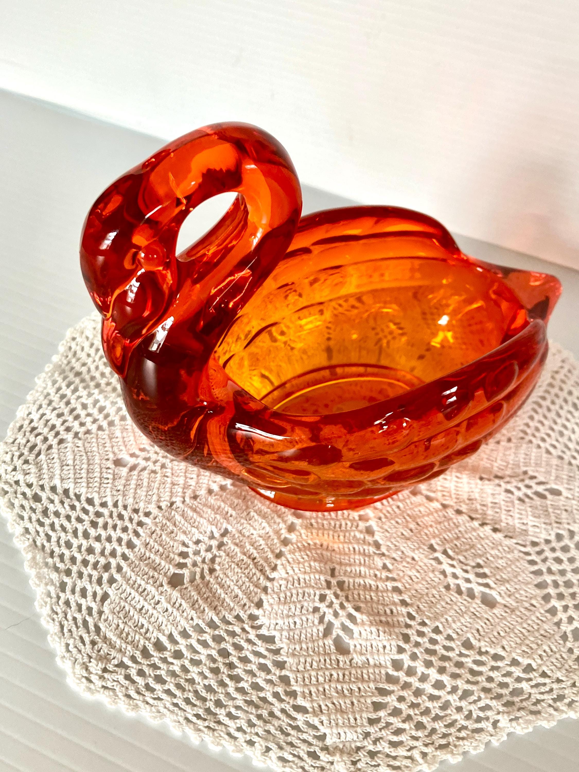 Vintage Viking Art Glass Swan Dish: Amberina Orange/olive Green - Etsy