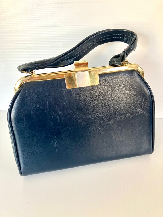 Vintage Navy Blue Vinyl Handbag - No Brand - Grea… - image 2