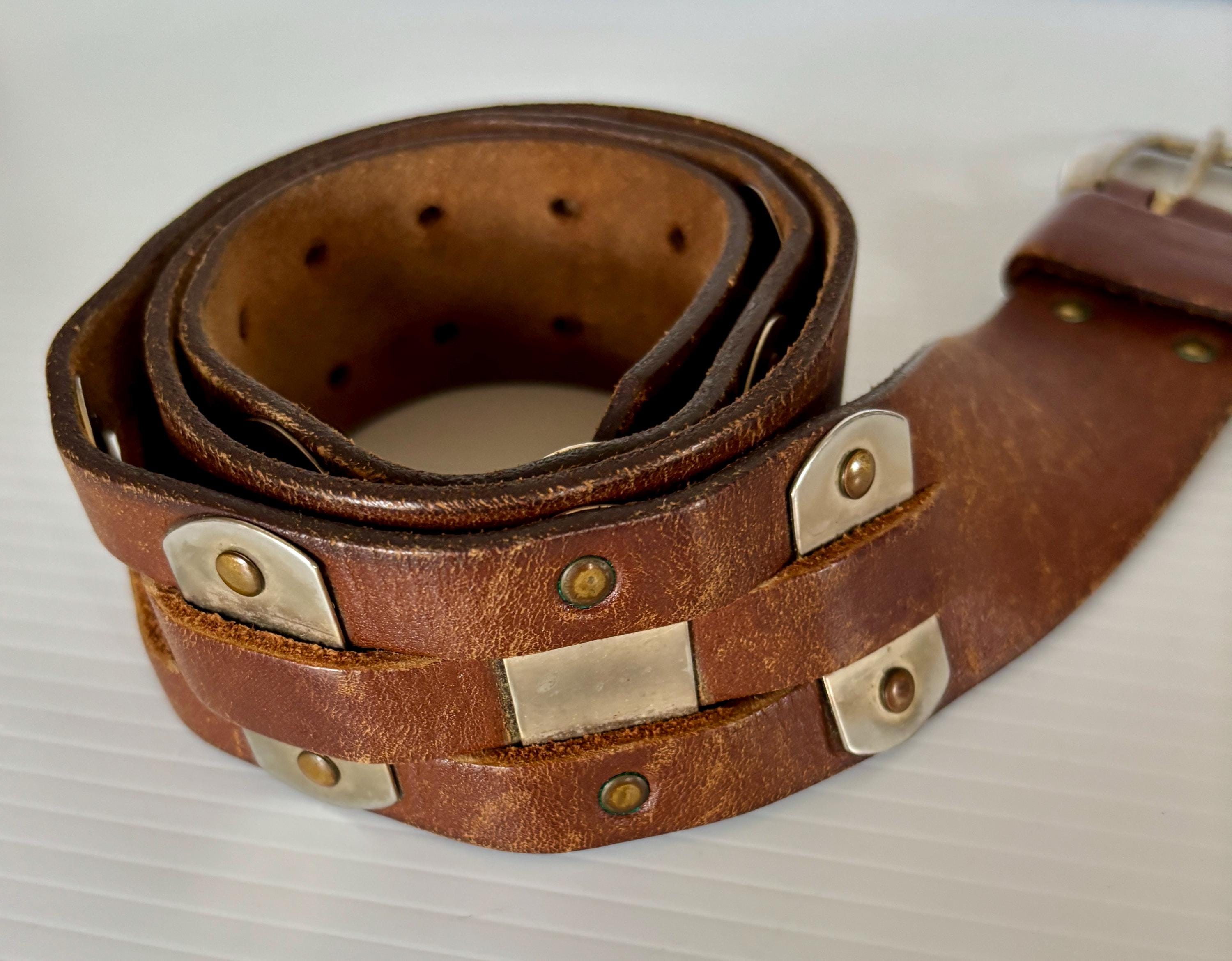 Vintage Retro Distressed Brown Leather Double 2 Prong Belt 