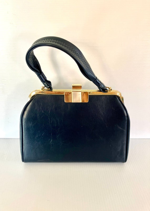 Vintage Navy Blue Vinyl Handbag - No Brand - Grea… - image 1