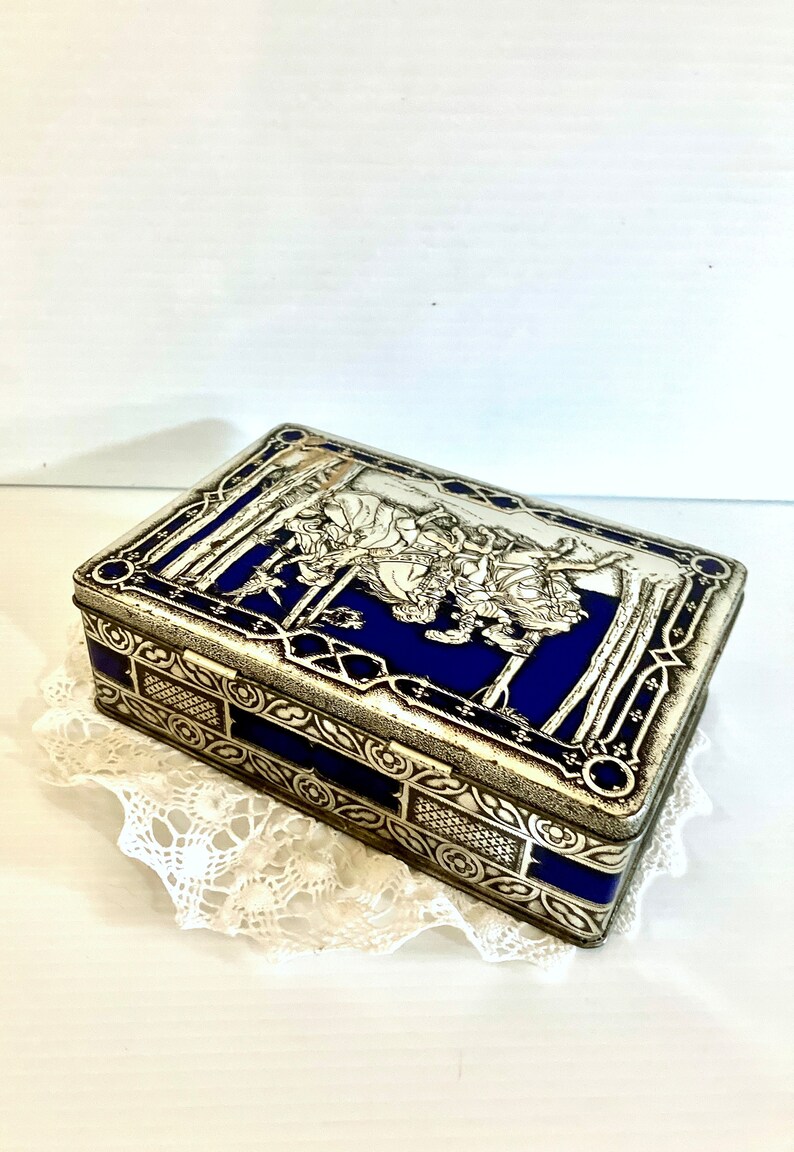 Vintage Blue/Silver Riley's Toffee Tin Hinged Lid Medieval/Renaissance Hunting Scene in Blue and Silver Embossed image 4