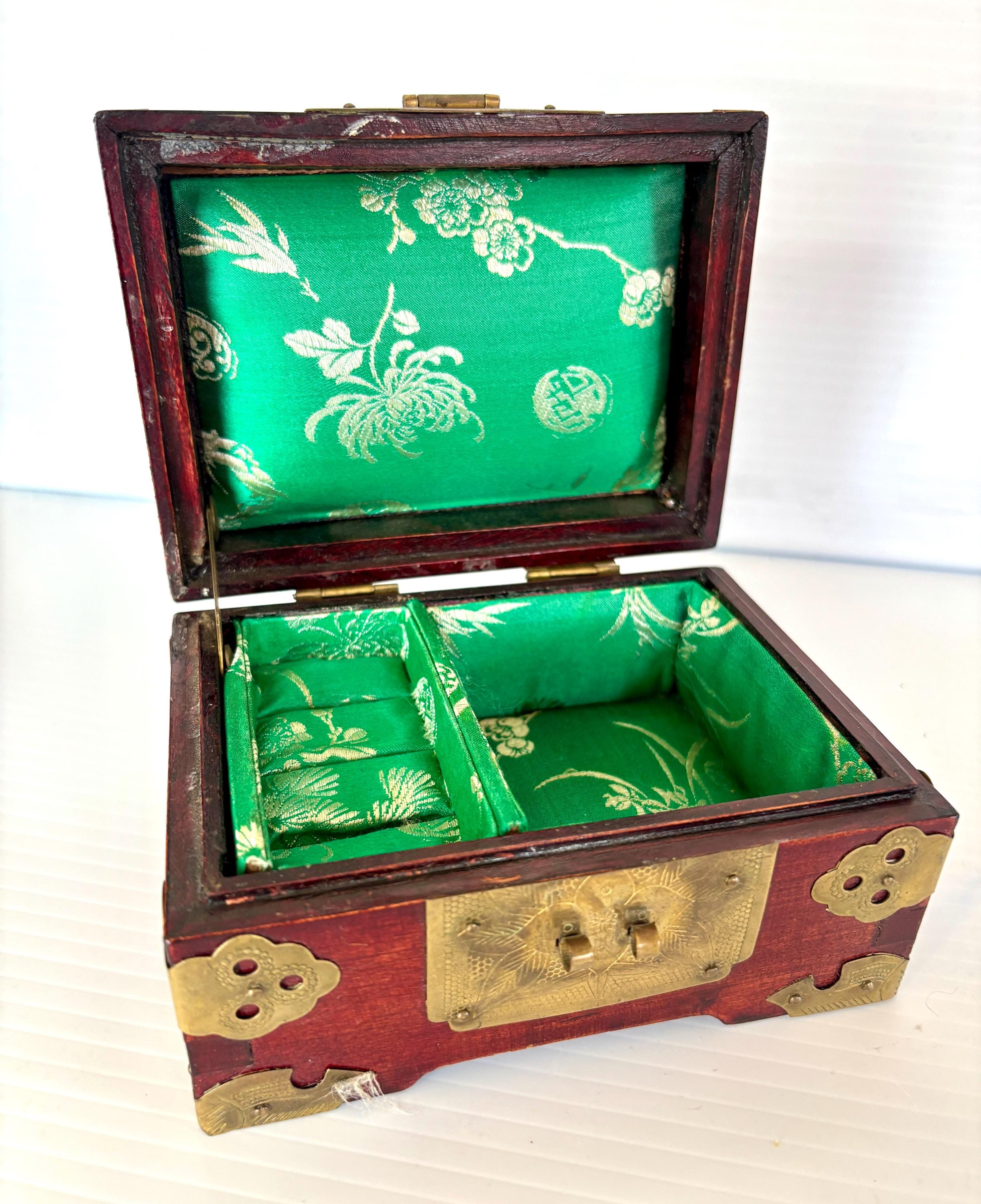 Vintage Chinese Carved Jade Stone & Rosewood Brass Pink Silk Lined ...