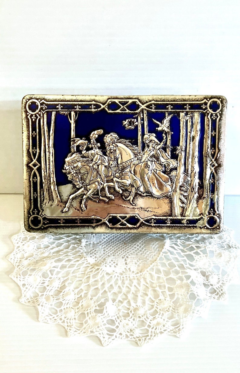 Vintage Blue/Silver Riley's Toffee Tin Hinged Lid Medieval/Renaissance Hunting Scene in Blue and Silver Embossed image 1