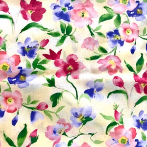 Floral Cotton Fabric: Pink, Red, Purple Flowers on Yellow (44in x 107in)
