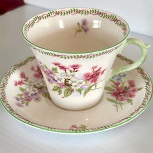 One Vintage Shelley Floral Tea Cup With Saucer- Fine Bone China - Choose from Pink or Green Trim - England