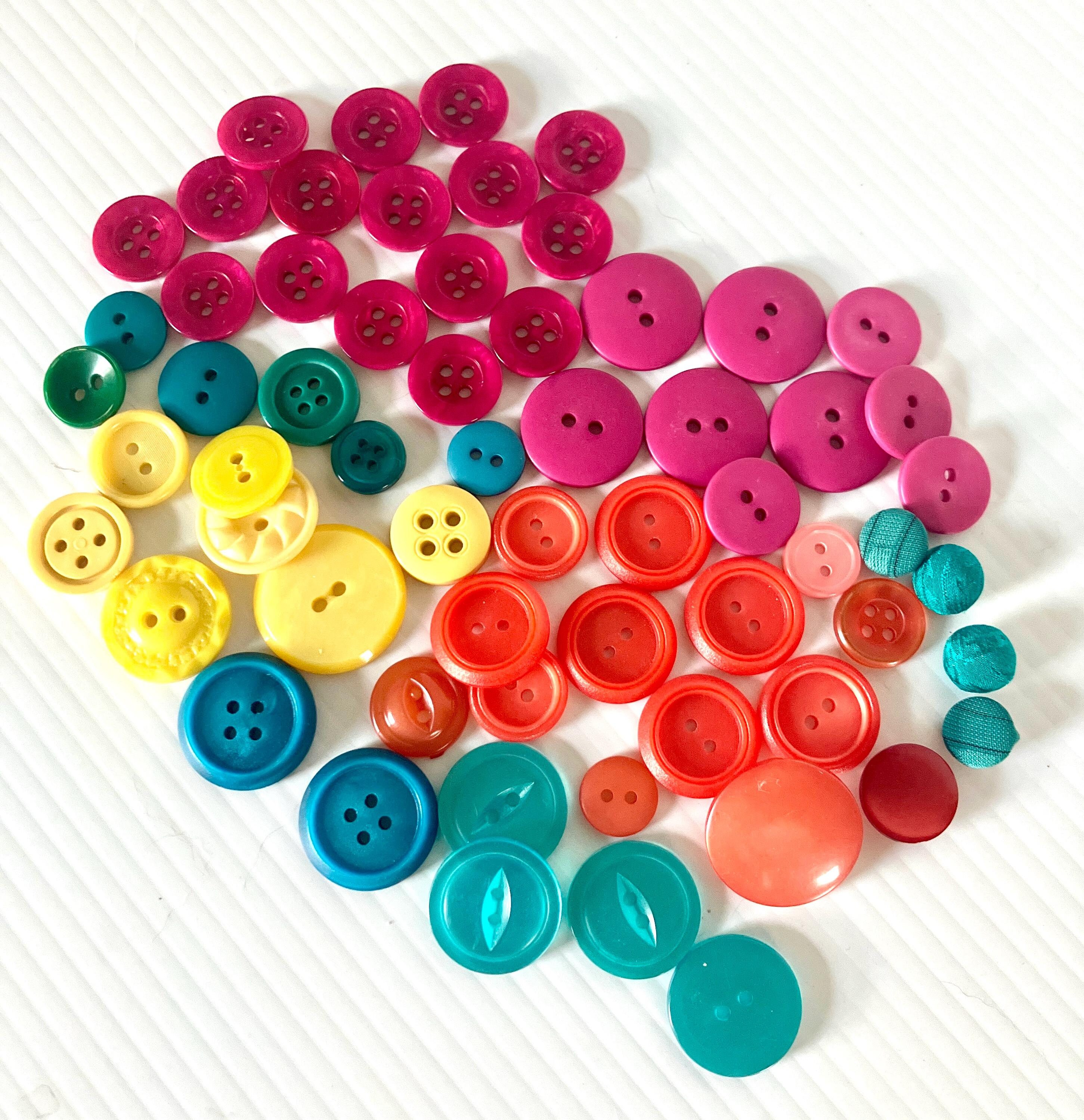 A Lot Of 62 Retro Vintage Plastic Buttons - Mixed Lot of Buttons Orange/Pink/Yellow/Teal/Turquoise