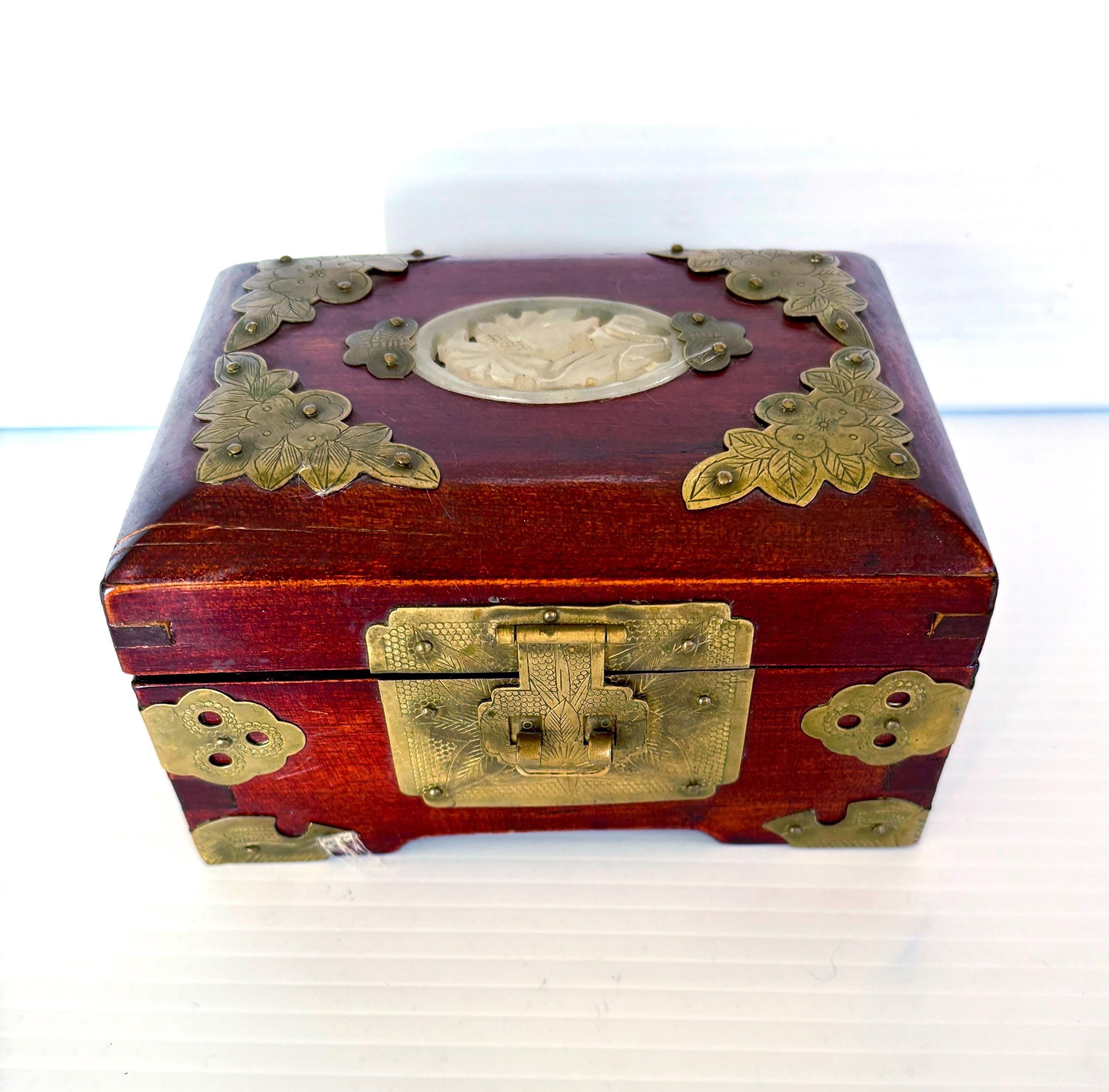 Vintage Chinese Carved Jade Stone & Rosewood Brass Pink Silk Lined ...