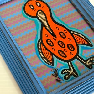 Reverse Glass Painting &quot;QUIRKY BIRD&quot;-Orange Florescent - Hand Painted 5in x 7in - Signed Art by Lori Pastor