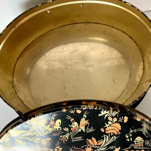 Vintage Retro Chinoiserie Oval Large Sewing Tin Asian Motif Double Handles Orange/Gold/Black Background Measures 11in Wide image 5