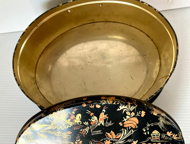 Vintage Retro Chinoiserie Oval Large Sewing Tin Asian Motif Double Handles Orange/Gold/Black Background Measures 11in Wide image 5