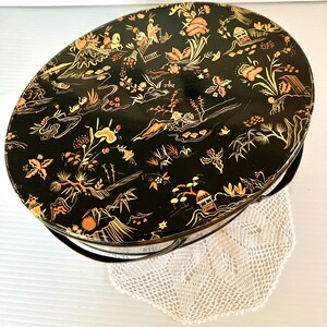 Vintage Retro Chinoiserie Oval Large Sewing Tin Asian Motif Double Handles Orange/Gold/Black Background Measures 11in Wide image 6