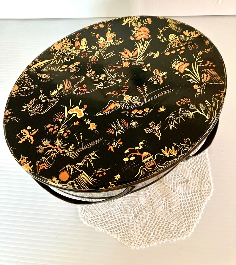 Vintage Retro Chinoiserie Oval Large Sewing Tin Asian Motif Double Handles Orange/Gold/Black Background Measures 11in Wide image 6