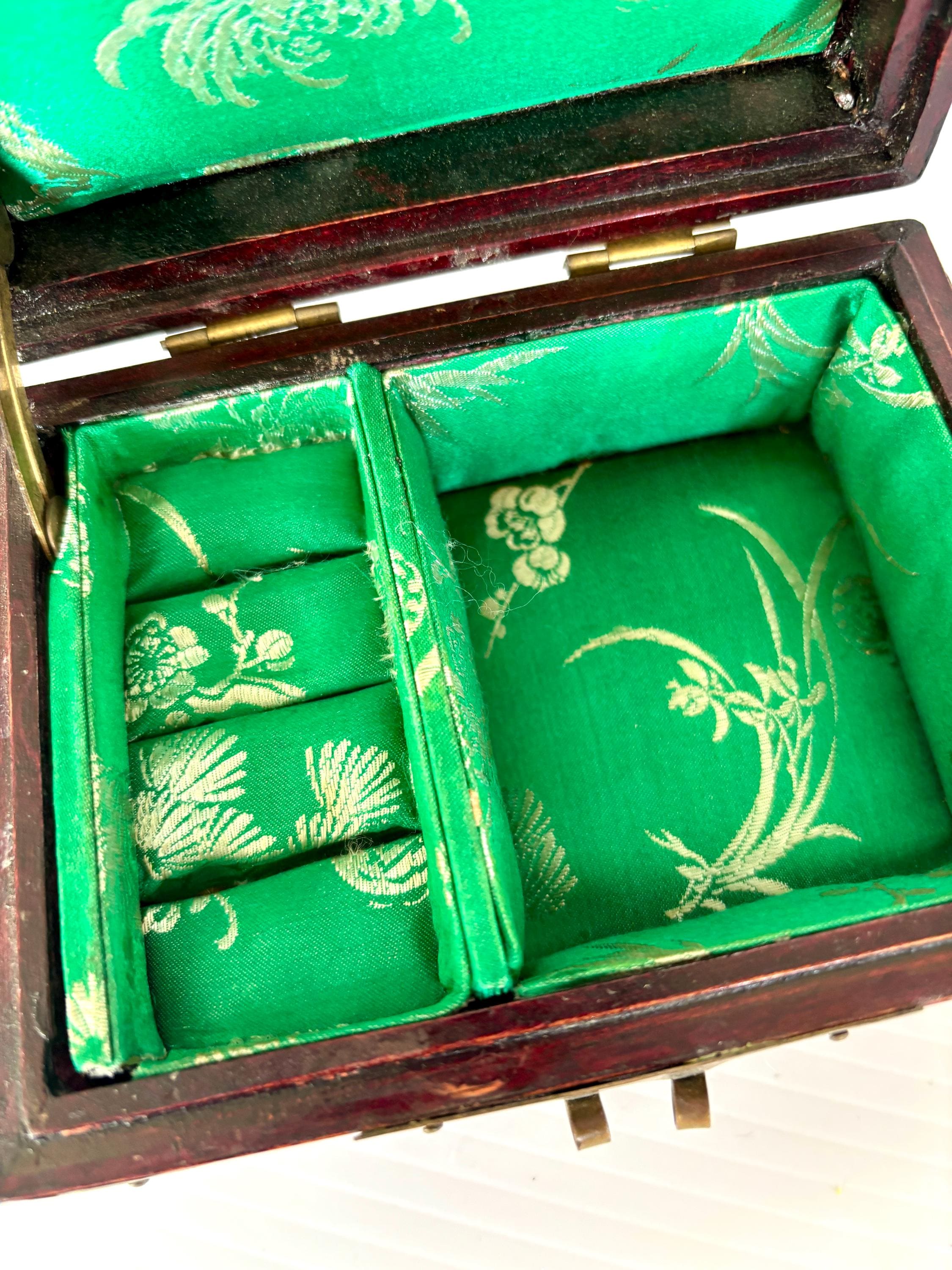 Vintage Chinese Carved Jade Stone & Rosewood Brass Pink Silk Lined ...