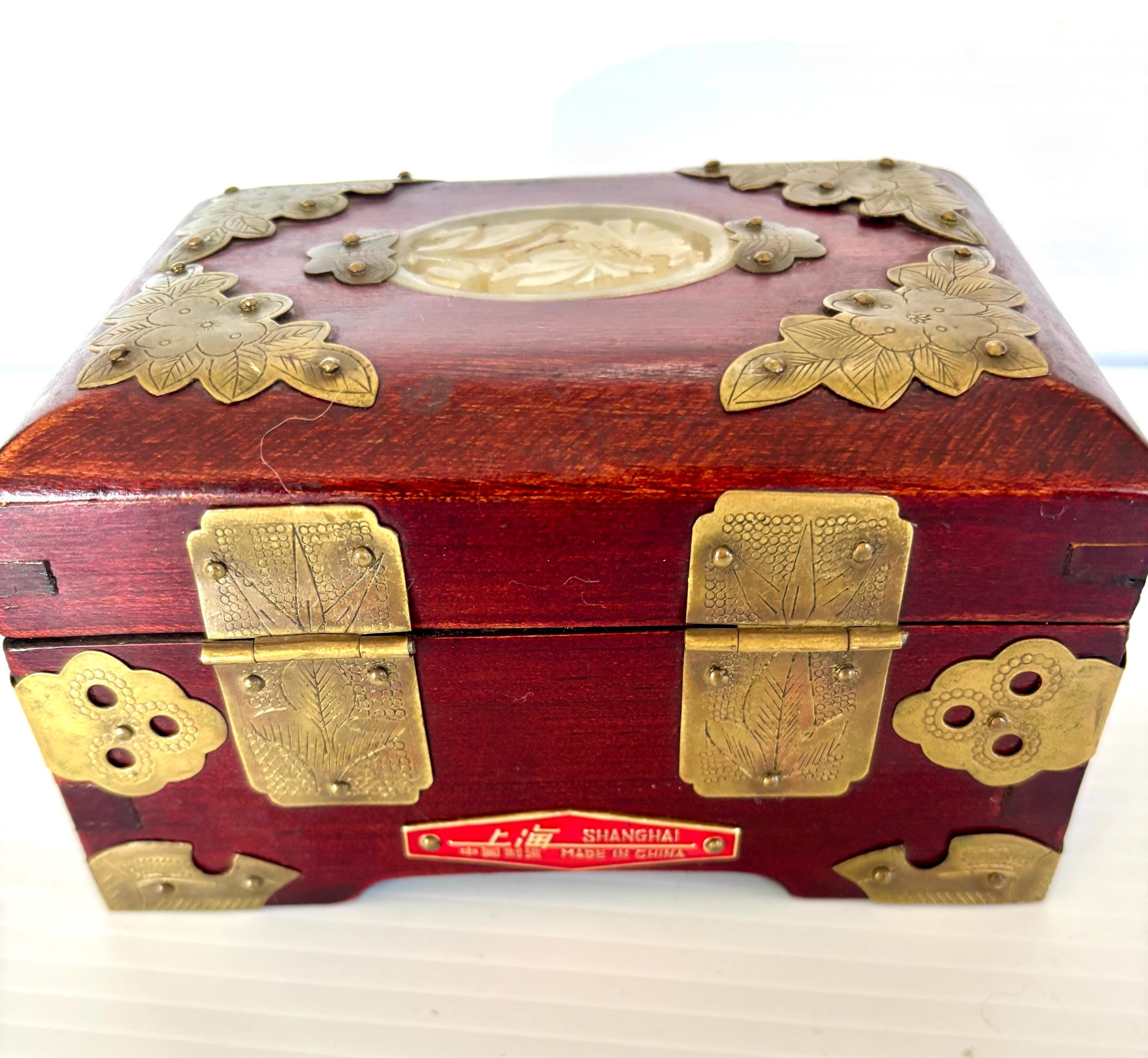 Vintage Chinese Carved Jade Stone & Rosewood Brass Pink Silk Lined ...