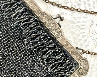 Vintage Iridescent Beaded Purse: Sterling Silver Plated Floral Design