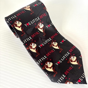 Vintage Tasmanian Devil Valentine &quot;You Little Devil&quot; Mania Cartoon Novelty Mens Polyester Tie - 55in Long x 4in wide