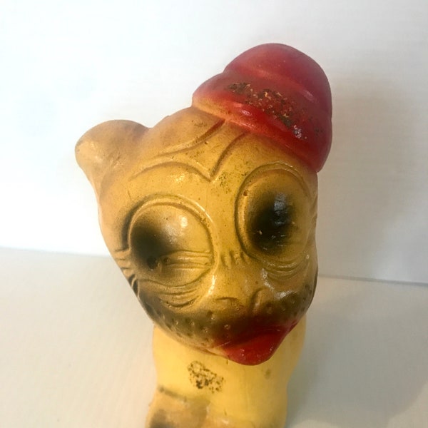 Vintage Carnival Chalkware "Bonzo" The Dog Figurine Yellow Bulldog Red Bowler Hat  - Kitsch